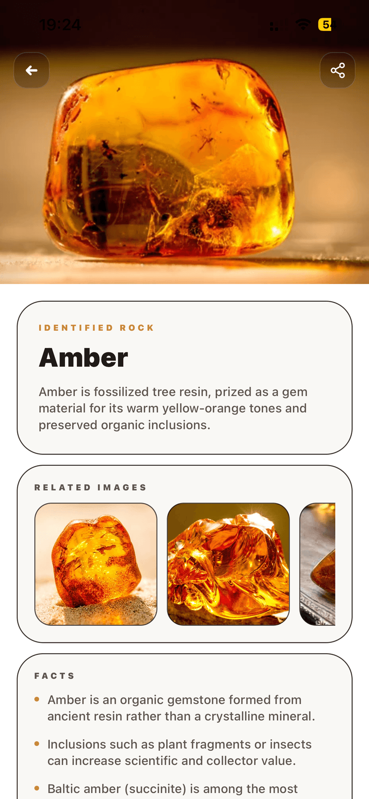 Crystal app preview with rock identification results
